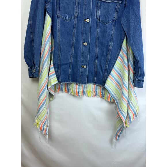 NWT J. NNA Women's Small Blue Denim W Woven Back Long Fringed Side Jean Jacket - Picture 10 of 10
